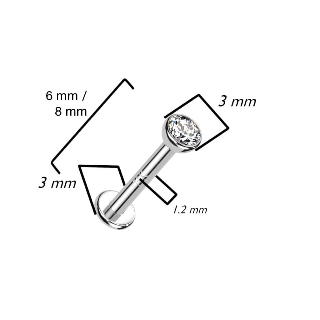 Or 14kt Labret Zircone Ronde Et Plate Filetage Interne