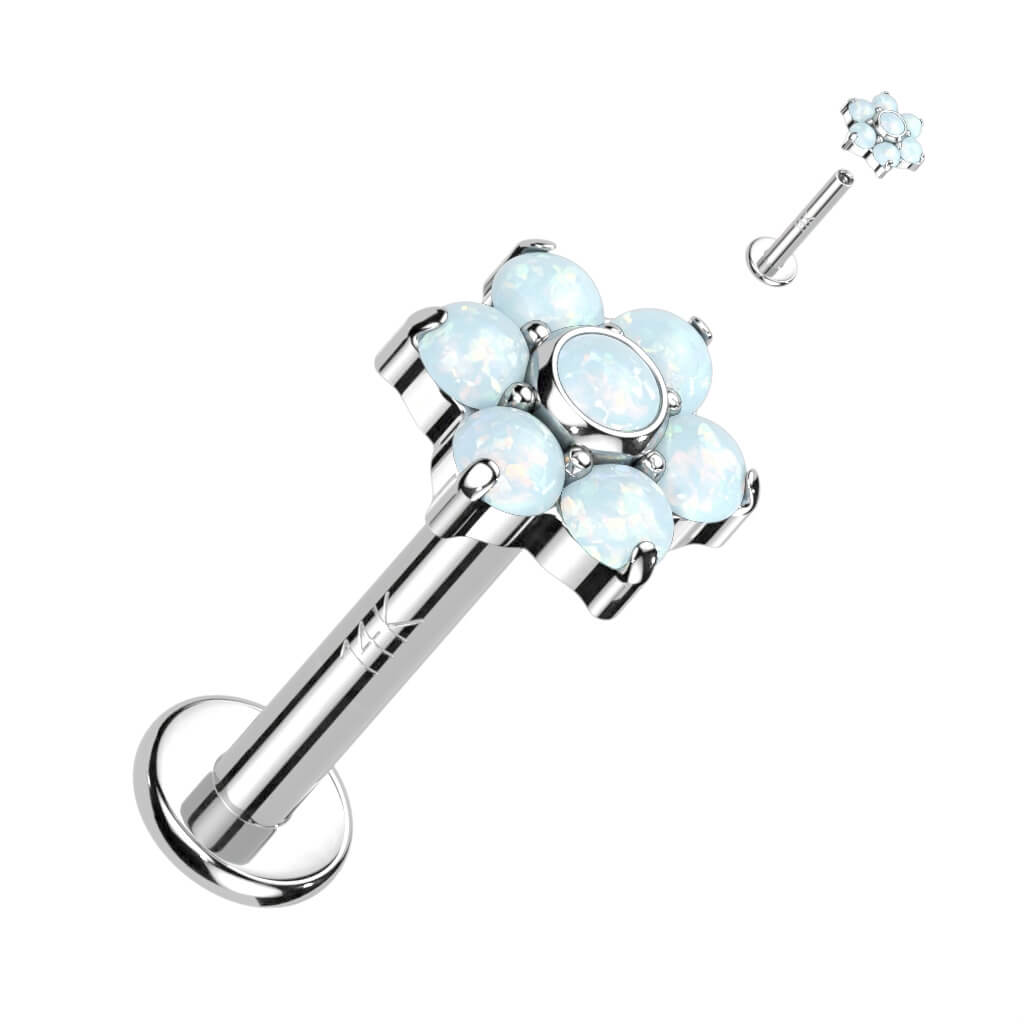 Or 14kt Labret Fleur Zircone Opale Filetage Interne