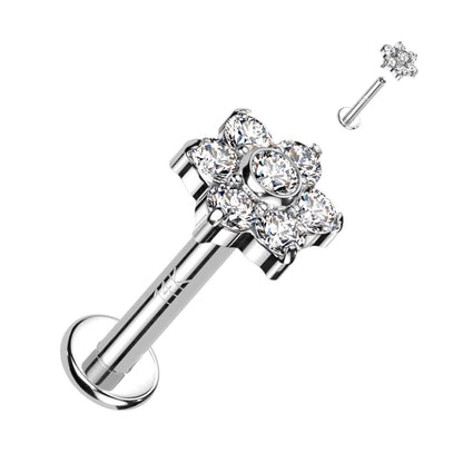 Or 14kt Labret Fleur Zircone Opale Filetage Interne