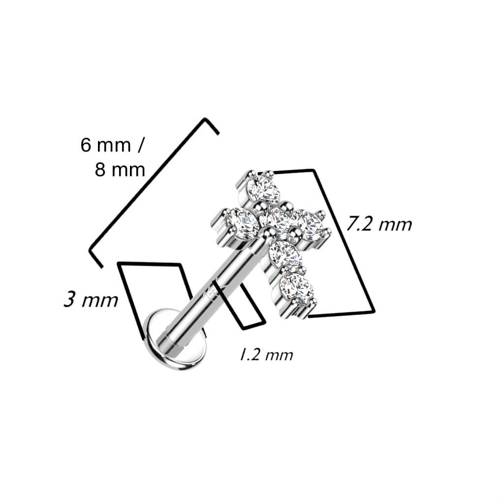 Or 14kt Labret Croix Zircone Filetage Interne