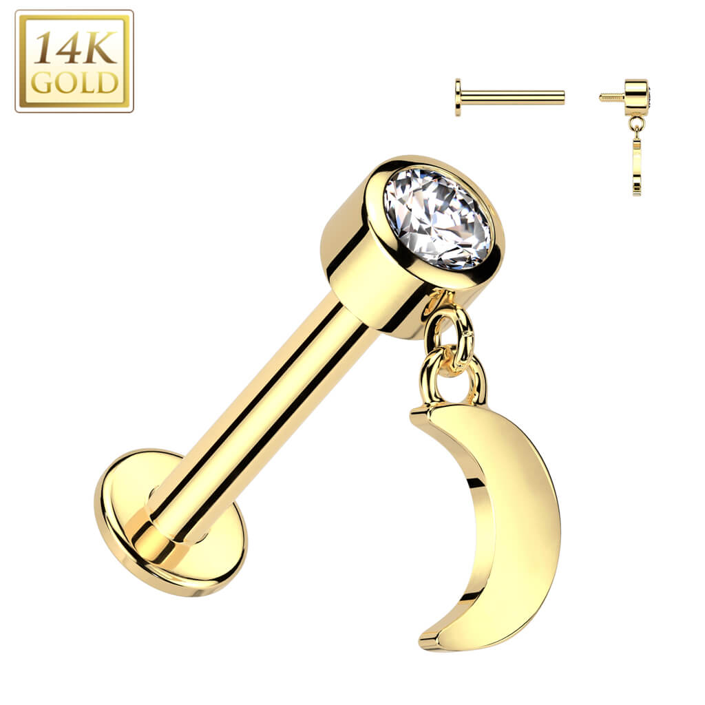 Oro 14kt Circonita con Luna Colgante Rosca interna Labret