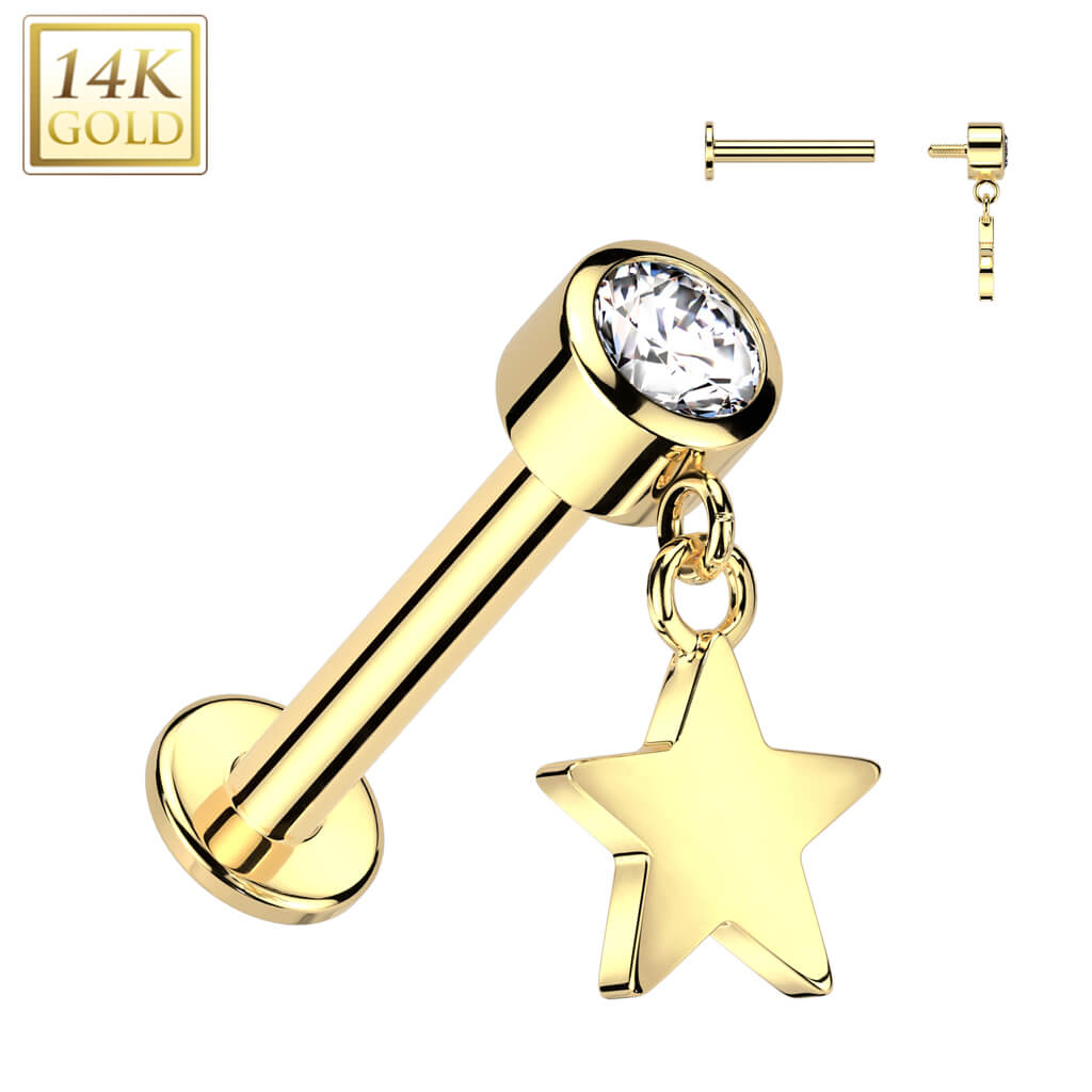 Solid Gold 14 Carat Labret star bezel setting zirconia Internally Threaded