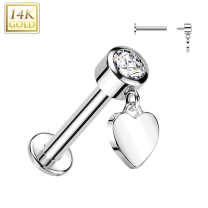 Oro 14 kt Labret Zircone con Cuore Pendente Filettatura Interna