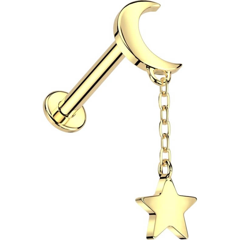 Oro 14 kt Labret Luna con Stella pendente Filettatura Interna