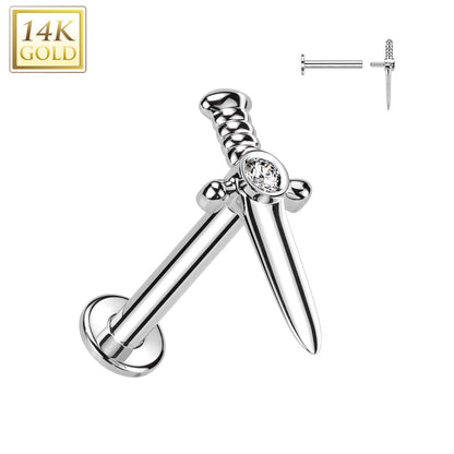 Solid Gold 14 Carat Labret dagger zirconia Internally Threaded