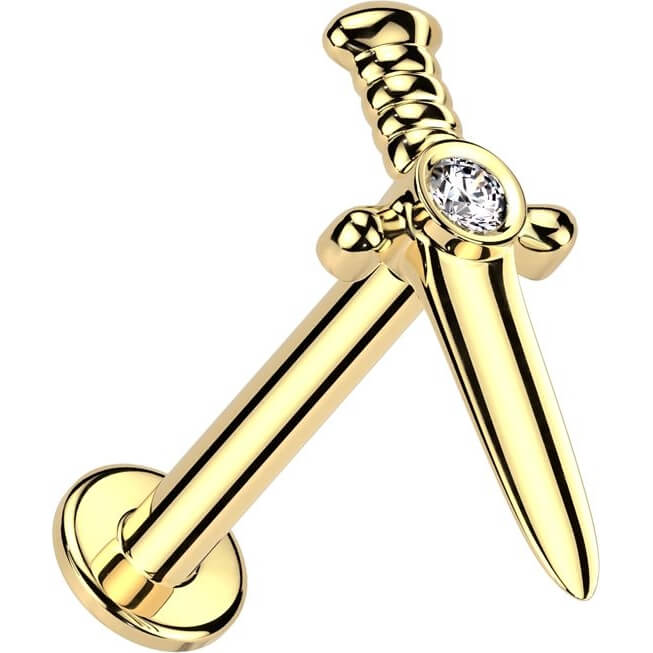 Solid Gold 14 Carat Labret dagger zirconia Internally Threaded