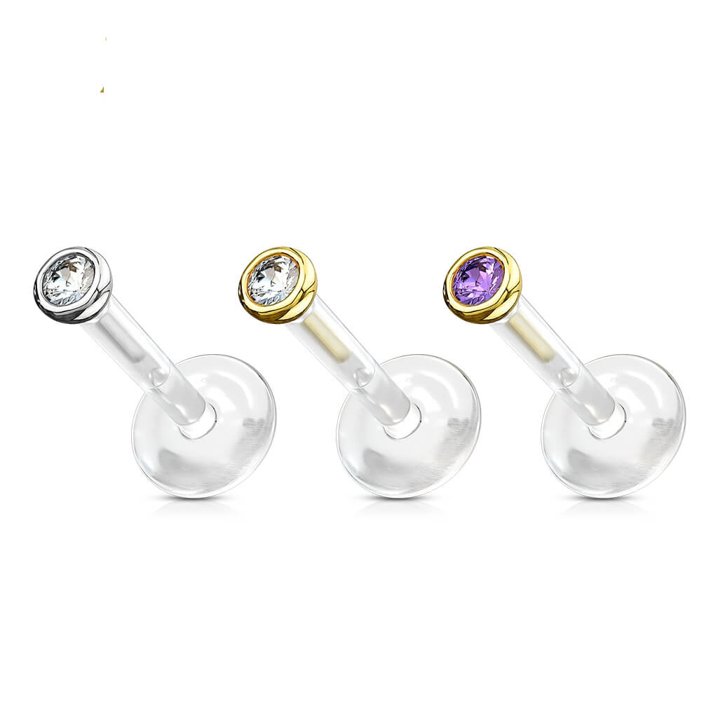 Or 14kt Labret Zircone Ronde Enfoncer