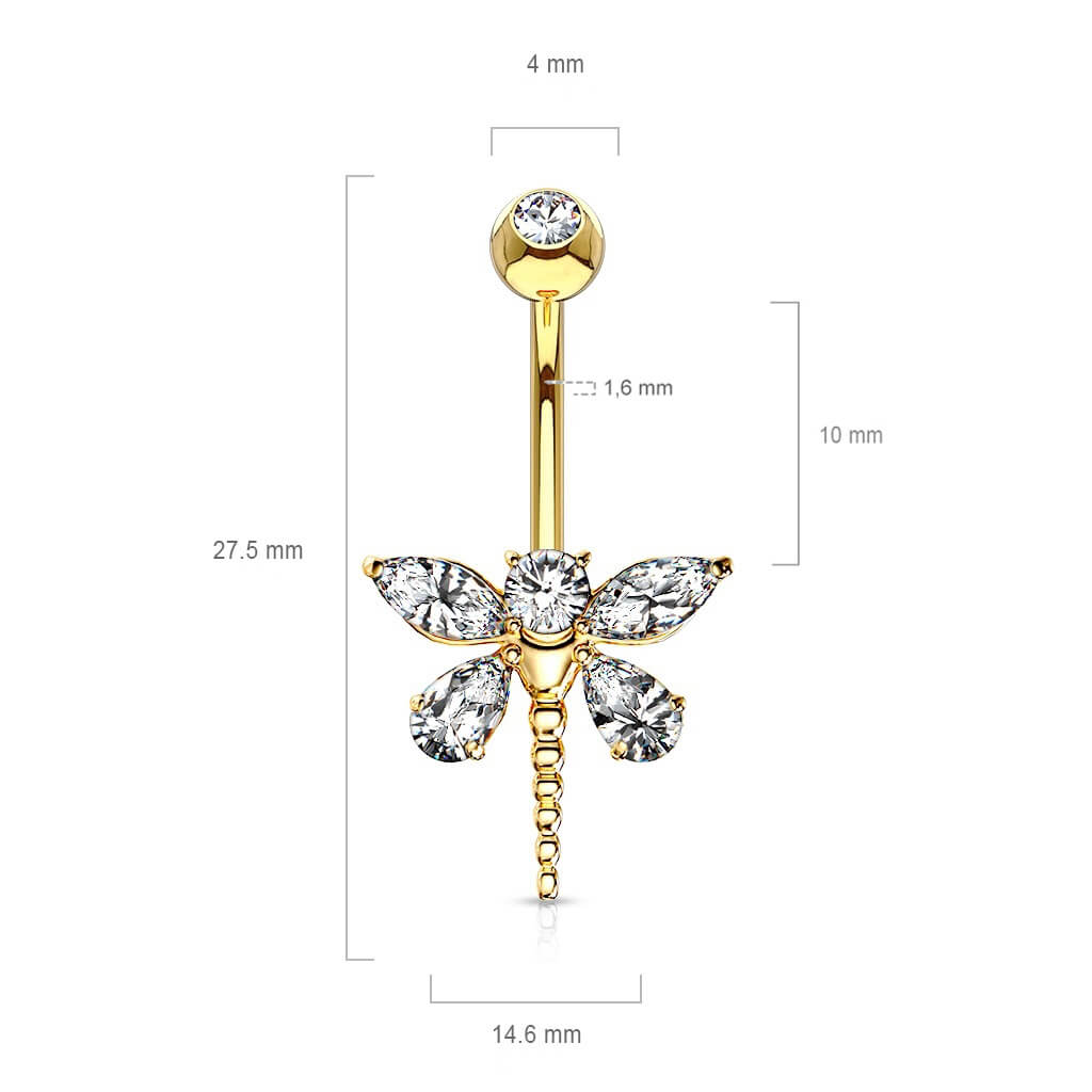 Or 14kt Piercing Nombril Libellule Zircone