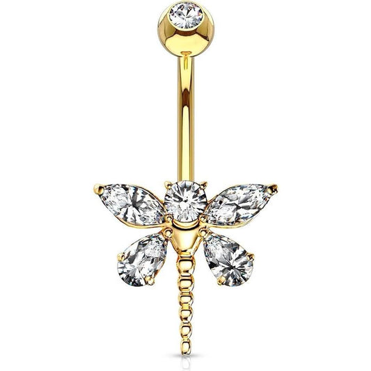 Solid Gold 14 Carat Belly Button Piercing Dragonfly Zirconia