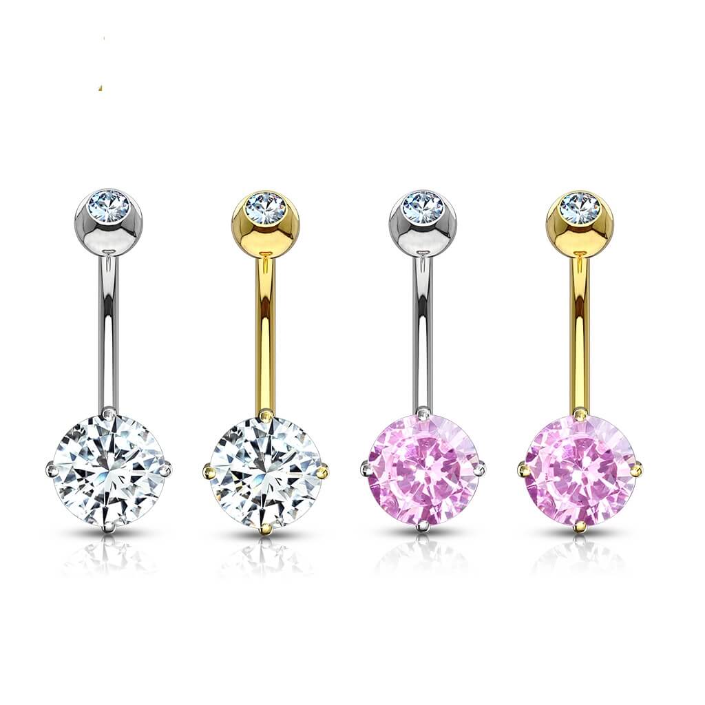 Solid Gold 14 Carat Belly Button Piercing Round Zirconia