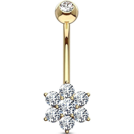 Solid Gold 14 Carat Belly Button Piercing Flower Zirconia