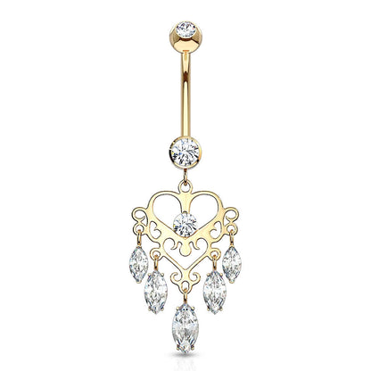 Solid Gold 14 Carat Belly Button Piercing Crown Chandelier Zirconia dangle