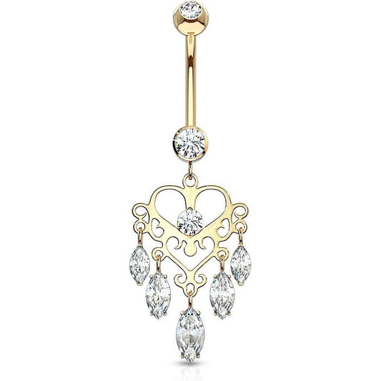 Or 14kt Piercing Nombril Pendentif Couronne Chandelier Zircone