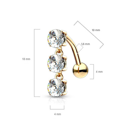 Oro 14 kt Piercing Ombelico Pendente con 3 Zirconi 