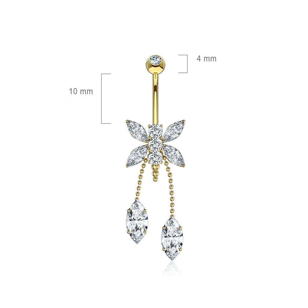 14 Karat Gold Bauchnabelpiercing Libelle Tropfen beweglich Zirkonia Gelbgold Weißgold