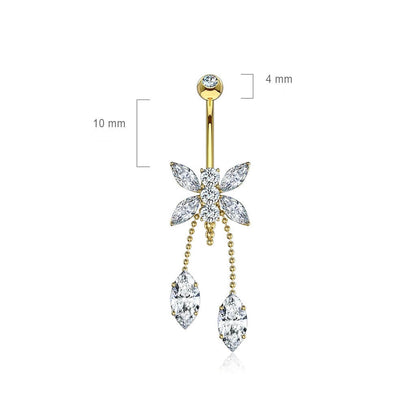 14 Karat Gold Bauchnabelpiercing Libelle Tropfen beweglich Zirkonia Gelbgold Weißgold