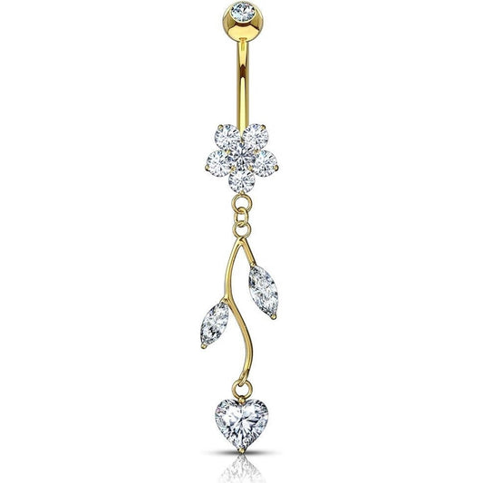 Or 14kt Piercing Nombril Pendentif Fleur Zircone