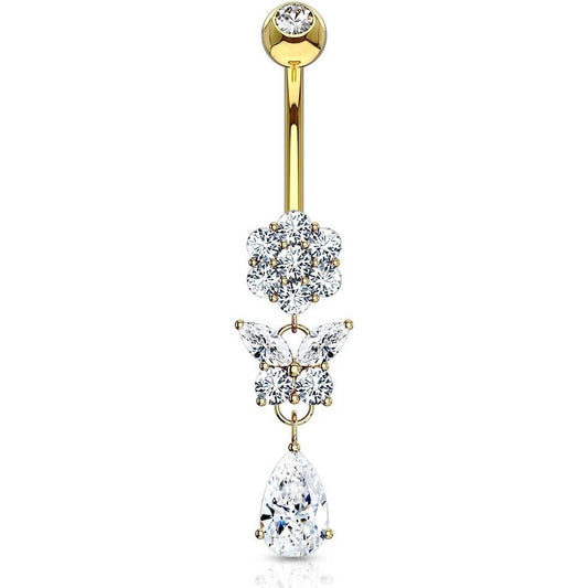 Or 14kt Piercing Nombril Pendentif Papillon Zircone