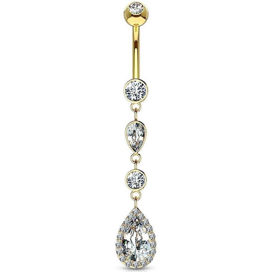 Solid Gold 14 Carat Belly Button Piercing Drop Zirconia dangle