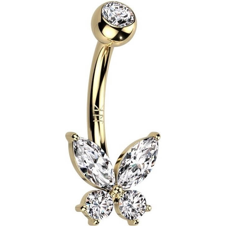 Solid Gold 14 Carat Belly Button Piercing Butterfly Zirconia Opal