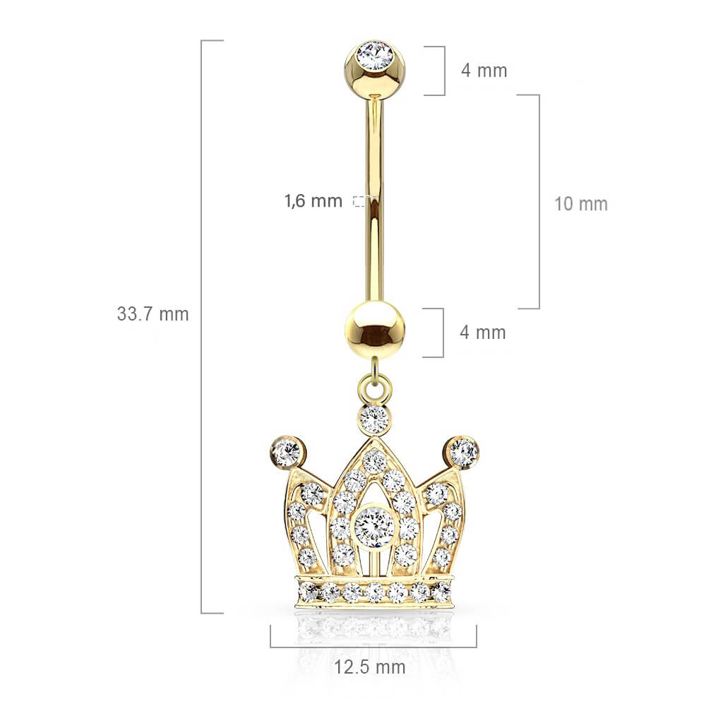 Solid Gold 14 Carat Belly Button Piercing Crown dangle cubic Zirconia