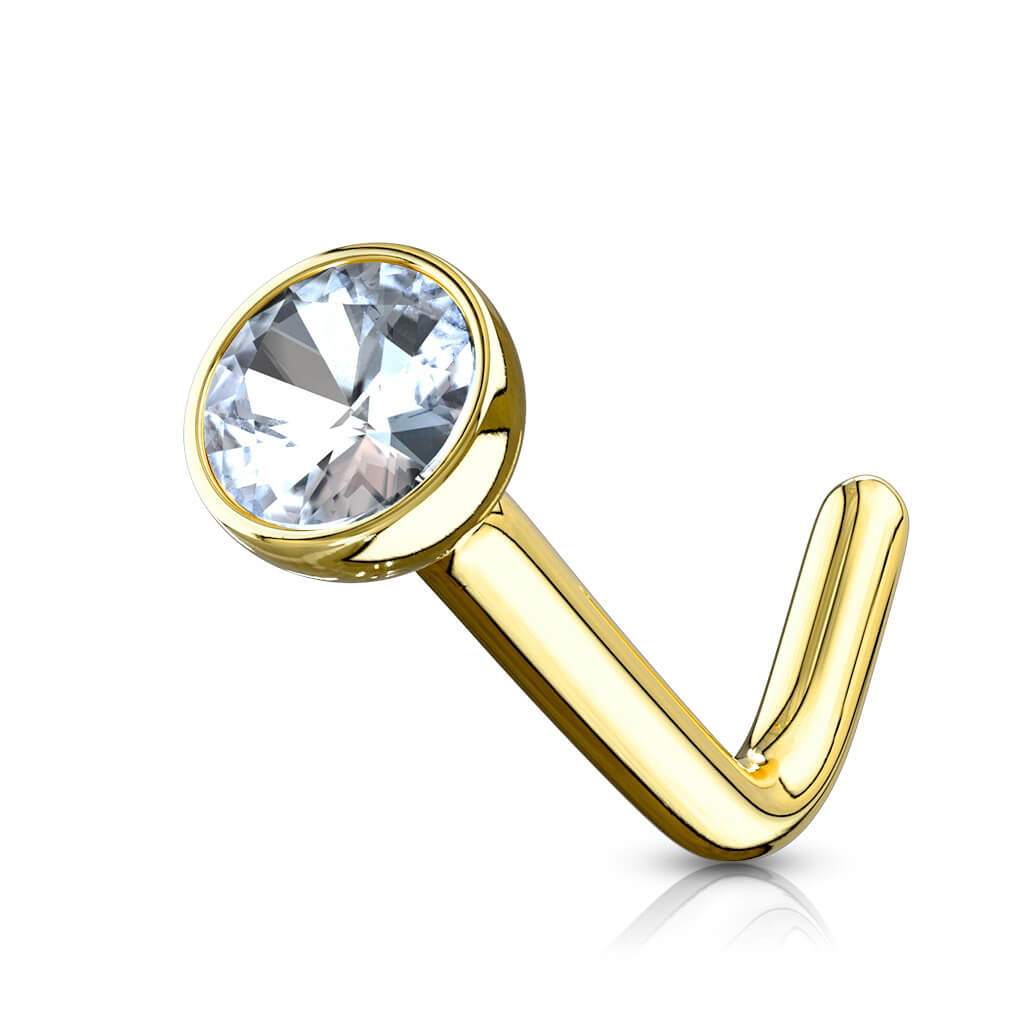 Solid Gold 14 Carat Nose L-Shape Zirconia Square