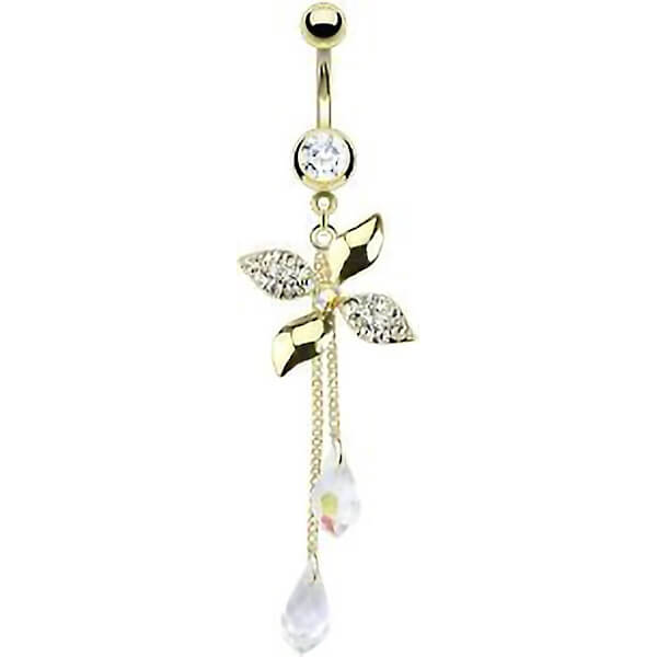 Belly Button Piercing Flower swirl dangle Zirconia Gold