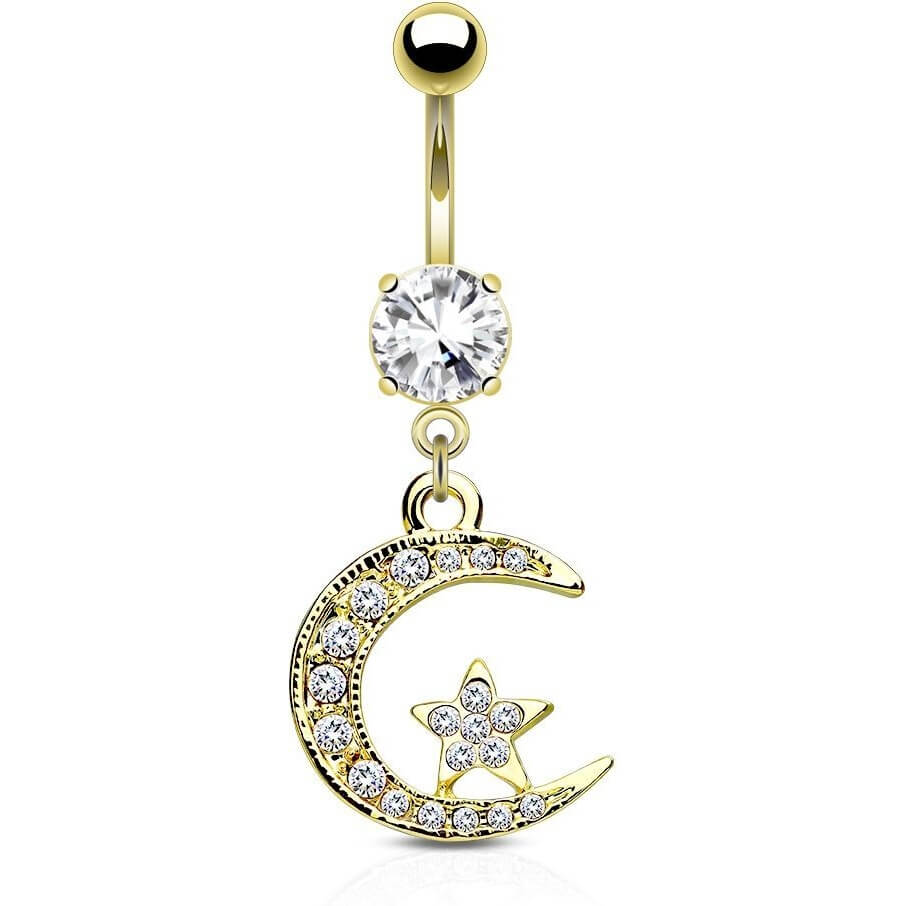 Belly Button Piercing Moon Star dangle Zirconia Gold