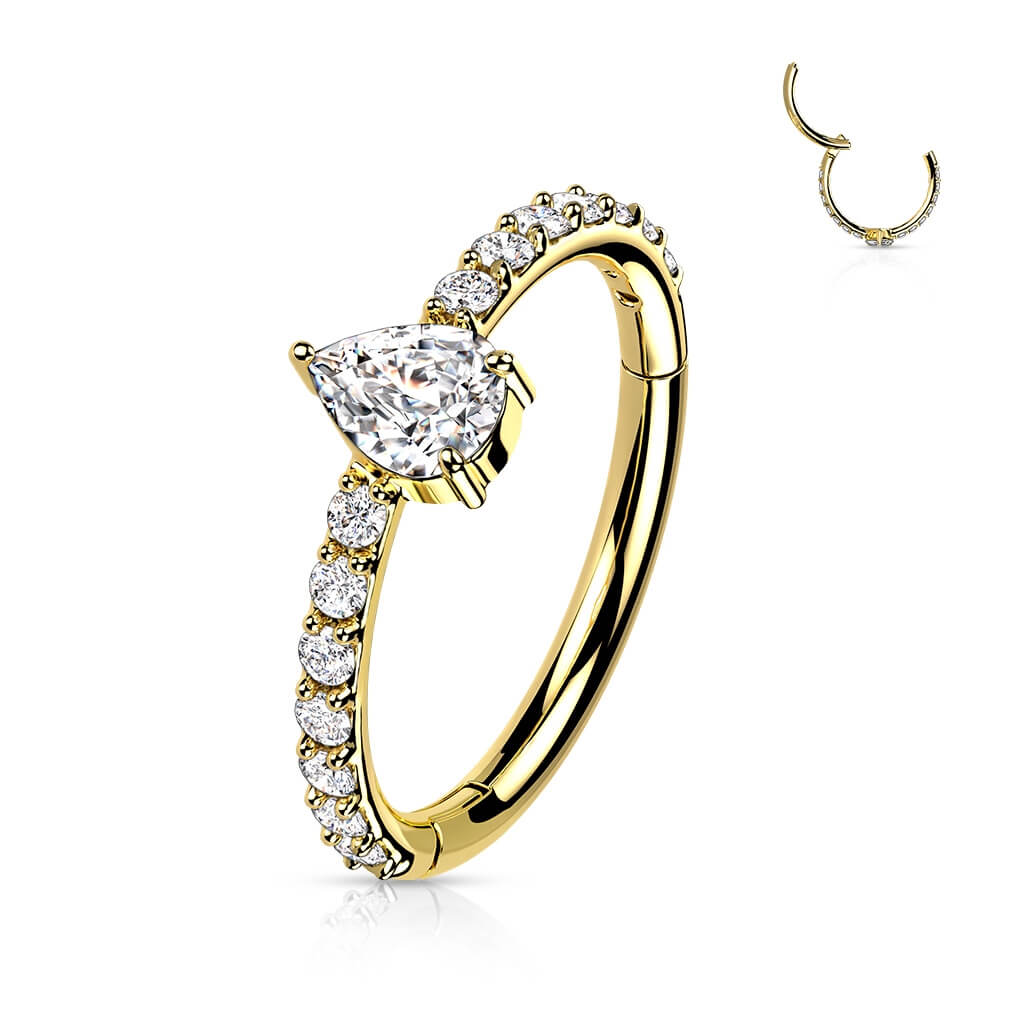 Solid Gold 14 Carat Ring Drop Zirconia Clicker