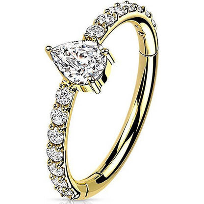 Solid Gold 14 Carat Ring Drop Zirconia Clicker