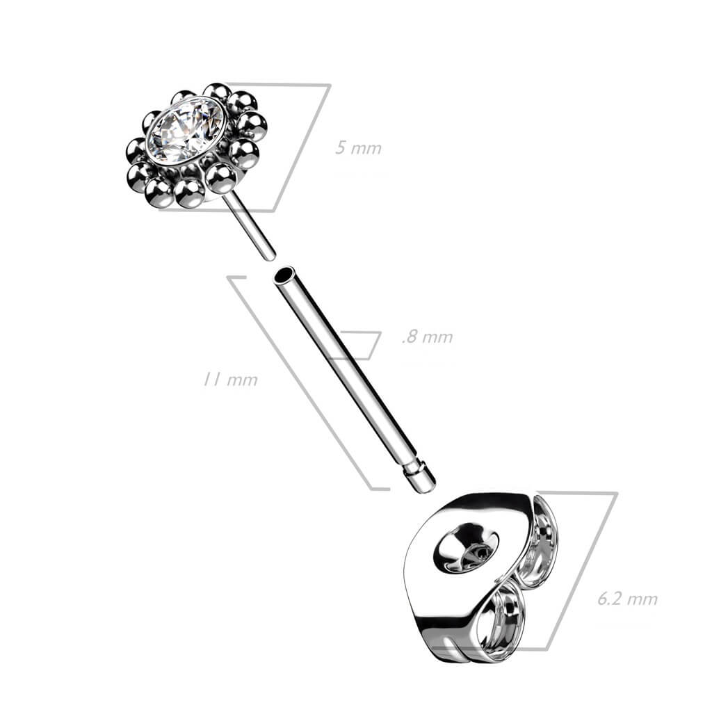 Titane Bouton d'Oreille Fleur Zircone Argent