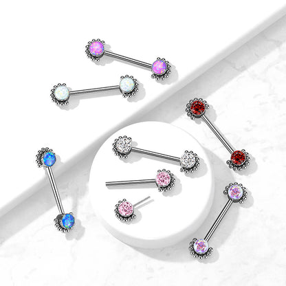 Titanium Nipple Piercing Zirconia Opal Silver Push-In