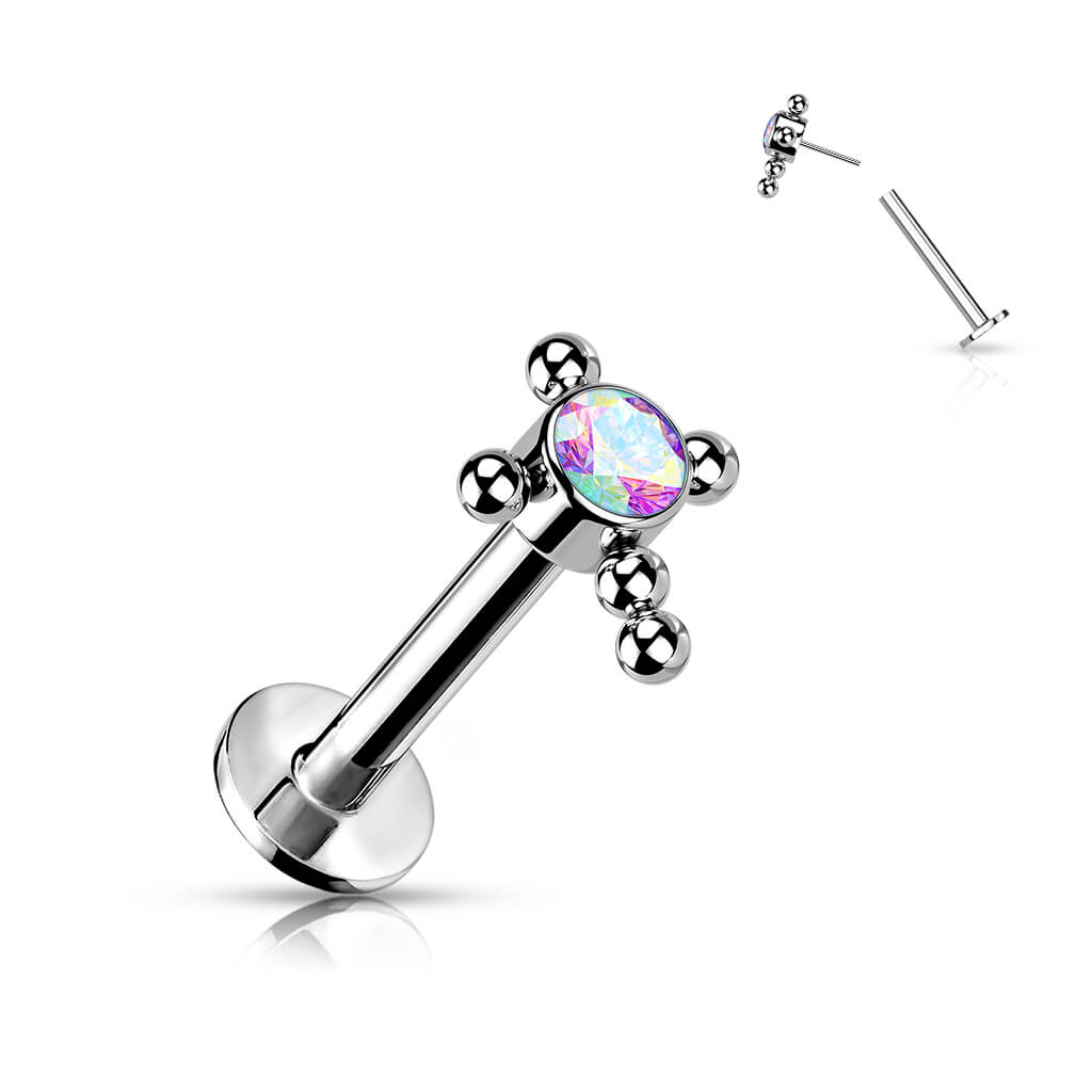 Titanium Labret Cross Zirconia Opal Silver Push-In