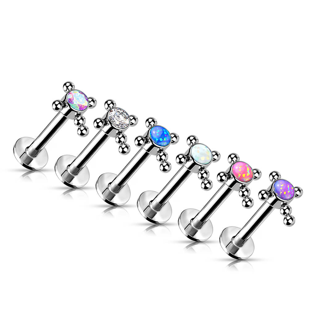 Titanio Labret Croce Zircone / Opale e Argento Push-In