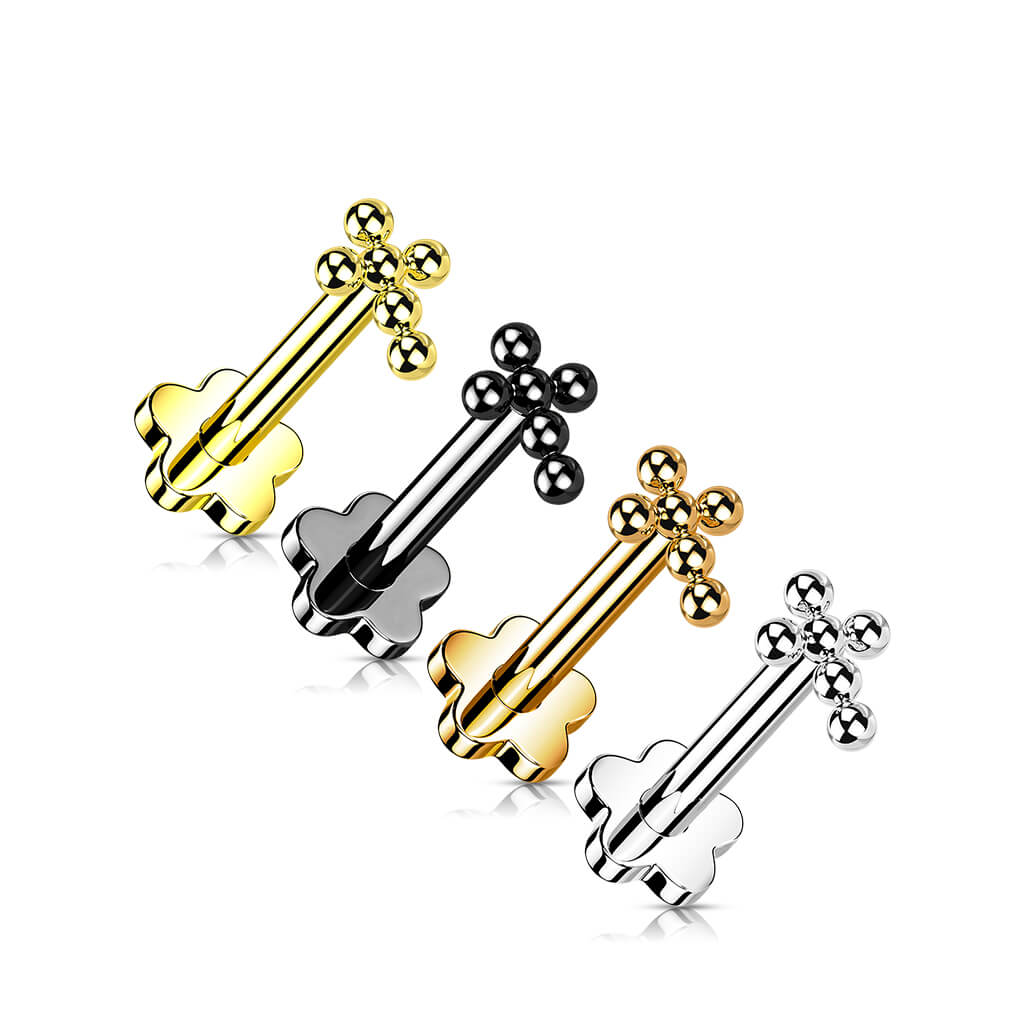 Titanium Labret Cross Ball Flower Base Push-In