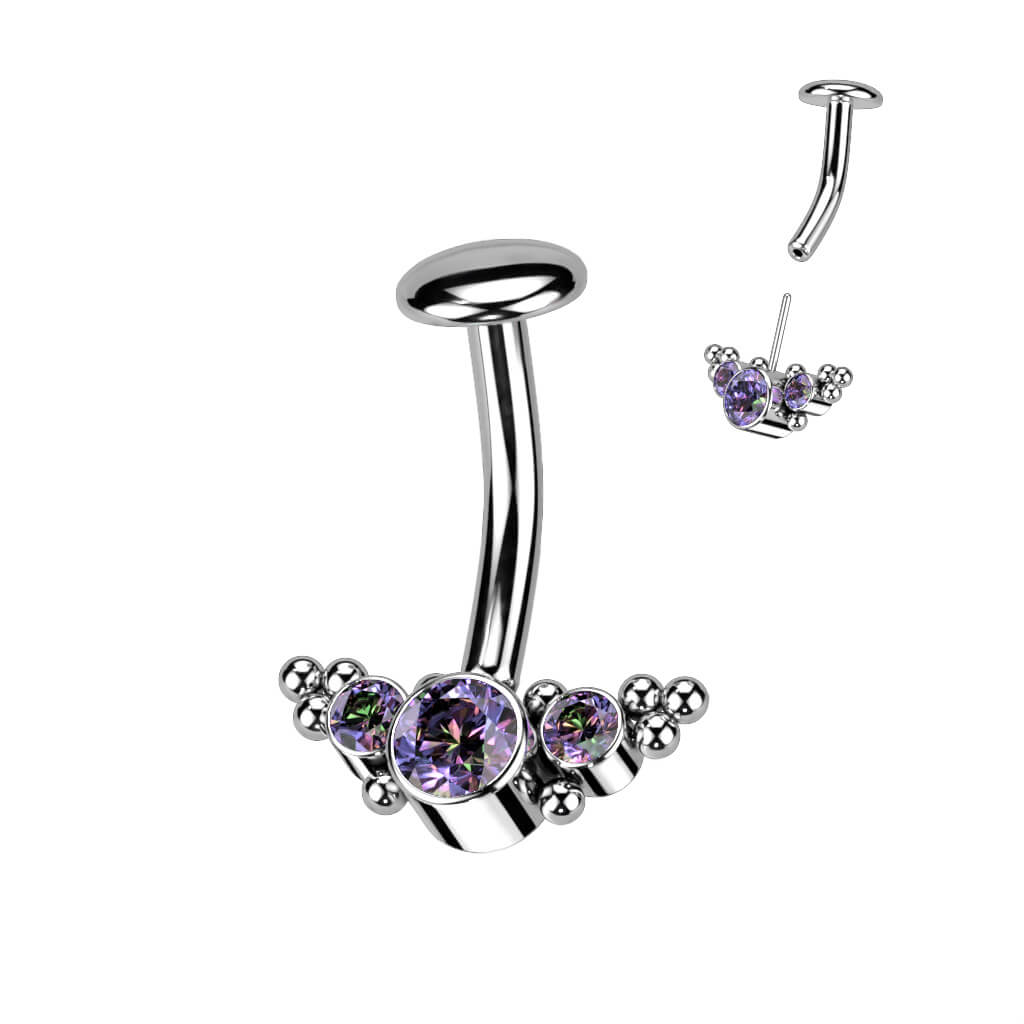 Titanio Piercing Ombelico 3 Zirconi e Argento Push-In