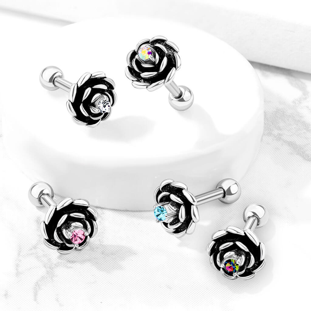 Barbell Flower Zirconia Silver