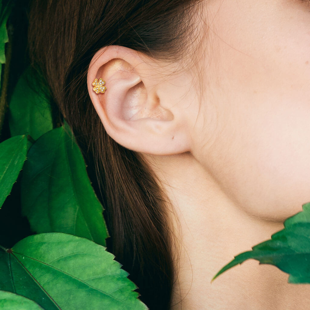 Labret Feuille De Trèfle Zircone Filetage Interne