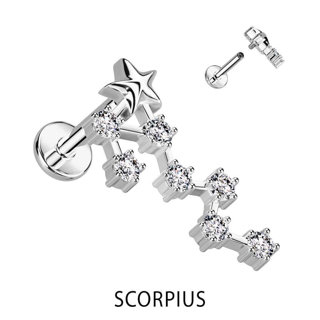 Labret Zodiac sign Zirconia Silver Internally Threaded