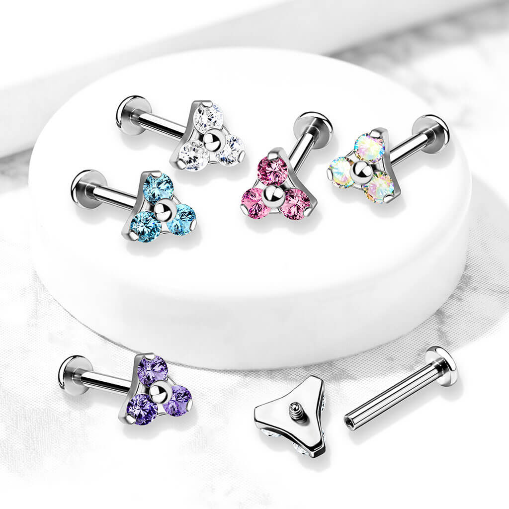 Labret Triangle Zirconia Silver Internally Threaded