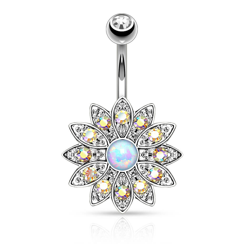 Belly Button Piercing Flower Zirconia Opal