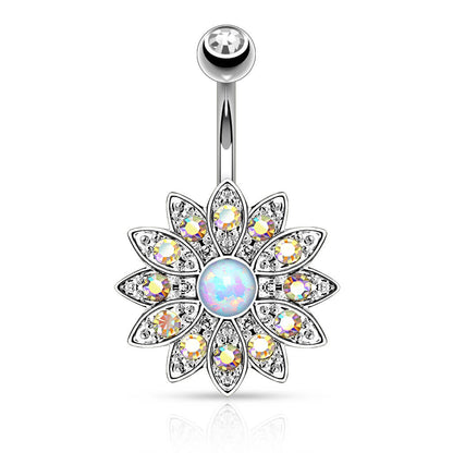 Belly Button Piercing Flower Zirconia Opal