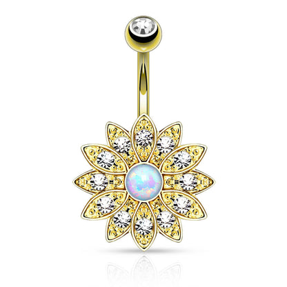 Belly Button Piercing Flower Zirconia Opal