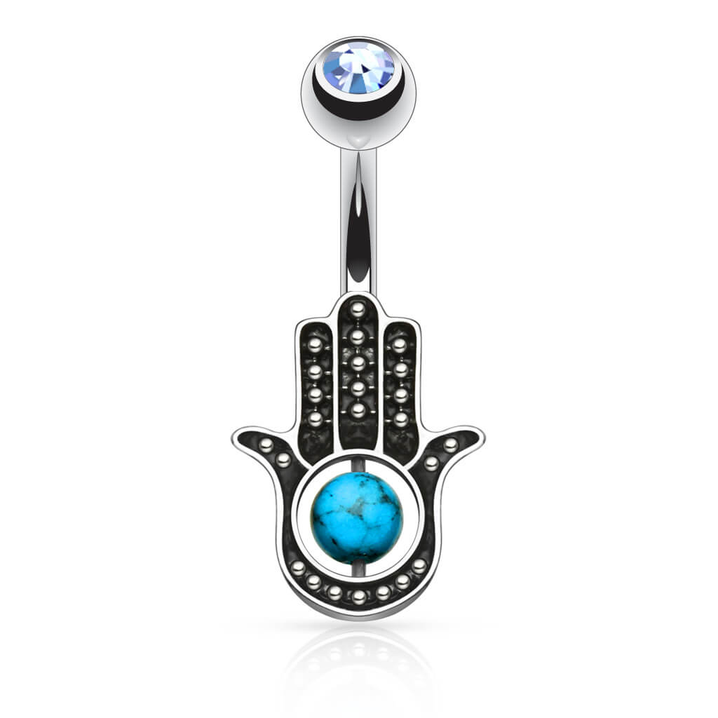 Piercing ombligo Hamsa turquesa Circonita