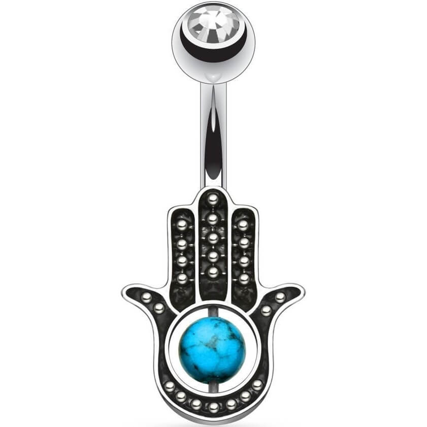 Piercing ombligo Hamsa turquesa Circonita