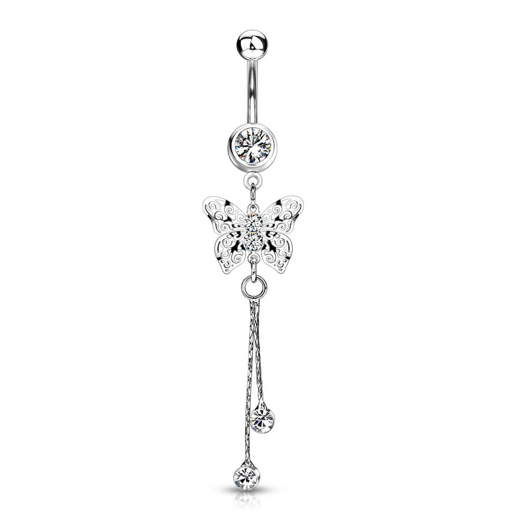 Piercing Nombril Pendentif Papillon Zircone Argent