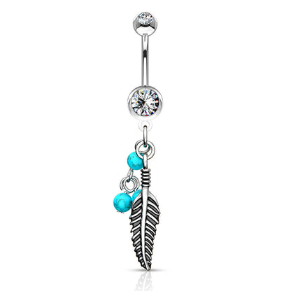 Piercing Nombril Pendentif Plume Turquoise Pierre Semi-Précieuse Zircone Argent