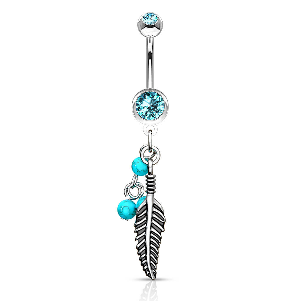 Belly Button Piercing Feather turquoise Semi-Precious Stone dangle Zirconia Silver