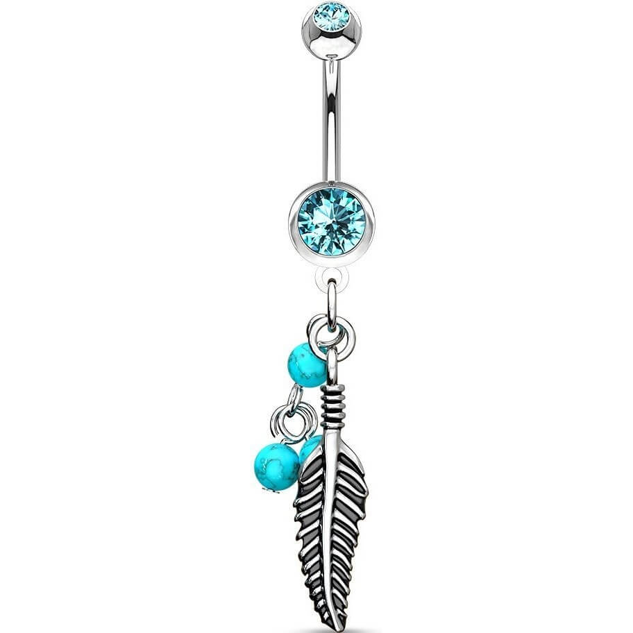 Piercing Nombril Pendentif Plume Turquoise Pierre Semi-Précieuse Zircone Argent