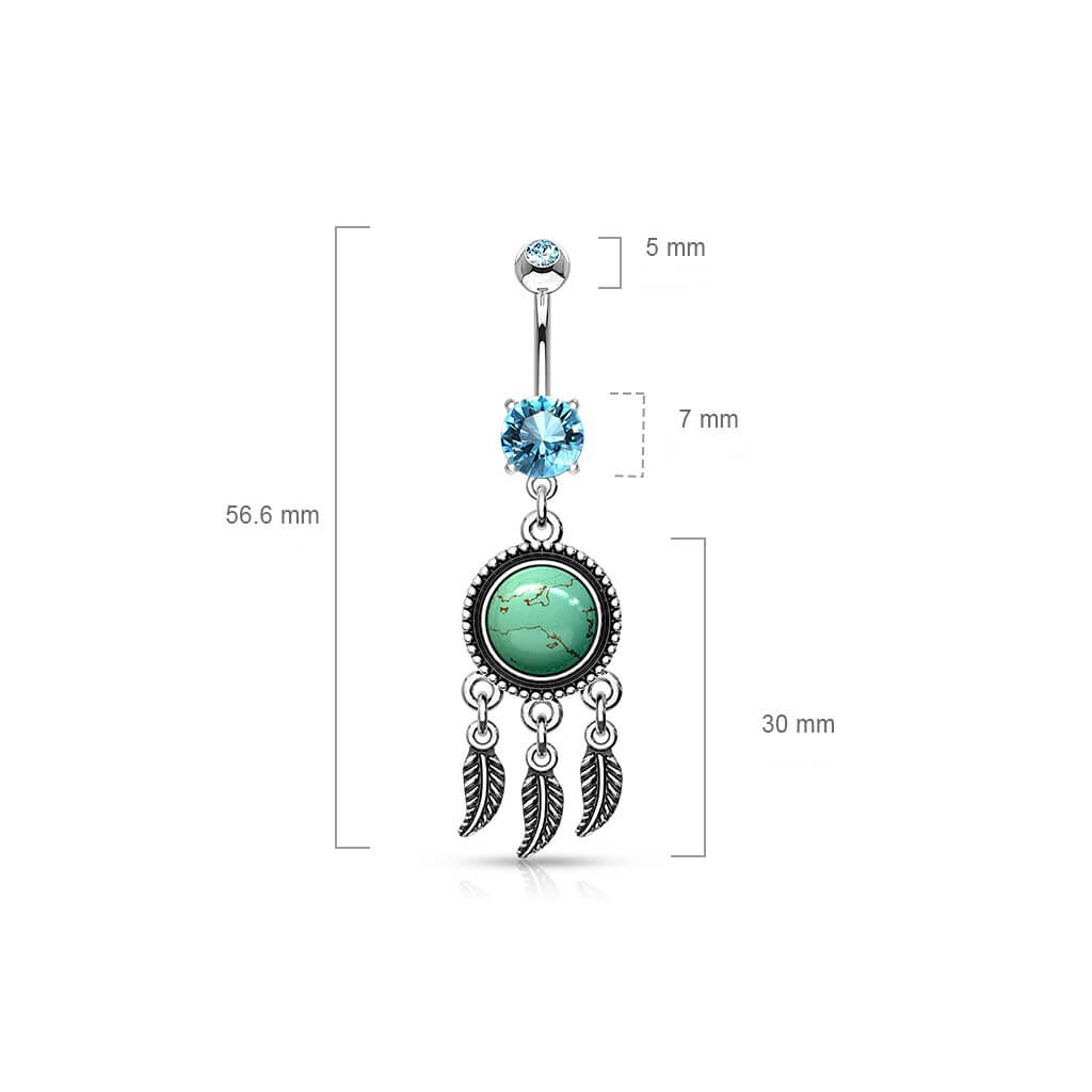 Piercing Nombril Attrape-Rêves Pierre Semi-Précieuse Turquoise Zircone Argent